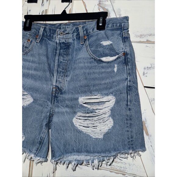 Levi's 501 90s Denim Women Shorts Button Distressed Frayed Midi Hem Blue Sz 32 - Picture 3 of 12